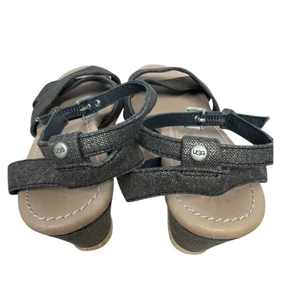 UGG Nyssa Women's Wedge Black Gold Shoes Sz 8 US 39 EU Metallic Sandal EUC