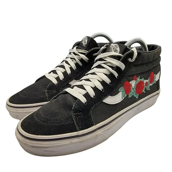 Vans Sk8-Mid Black Rose With Thorns Shoes High Top Mens 8.5 - Womens 10 721356