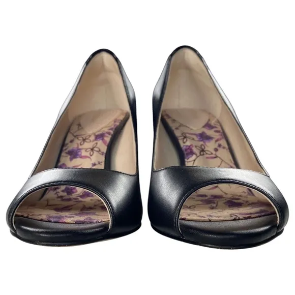Veerah Heels Women’s Size 9.5 Black Vegan Faux Leather Shoes Open Peep Toe Pumps