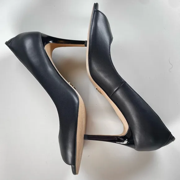 Veerah Heels Women’s Size 9.5 Black Vegan Faux Leather Shoes Open Peep Toe Pumps