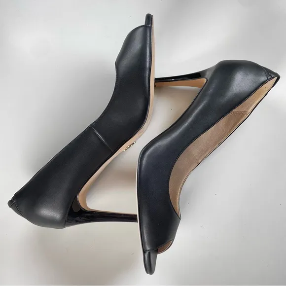 Veerah Heels Women’s Size 9.5 Black Vegan Faux Leather Shoes Open Peep Toe Pumps