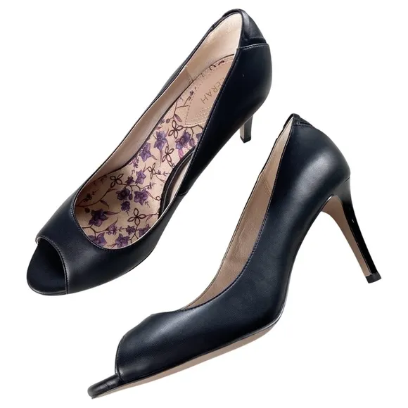 Veerah Heels Women’s Size 9.5 Black Vegan Faux Leather Shoes Open Peep Toe Pumps