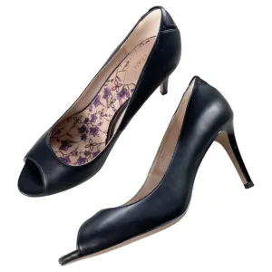 Veerah Heels Women’s Size 9.5 Black Vegan Faux Leather Shoes Open Peep Toe Pumps