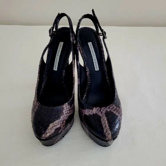 Vera Wang Lavender snakeskin leather high heels.