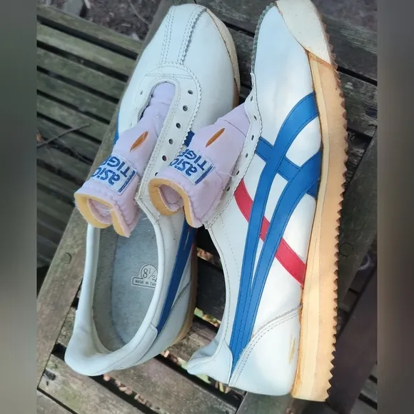 Vintage ASICS Tiger Onitsuka Shoes Leather Men's 10 Taiwan Red White Blue