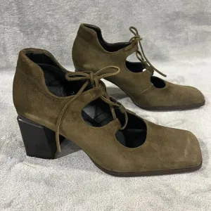 Vintage Y2K Suede Mary Janes Lace Up Nine West Spain Square Toe Moss Green Sz 7