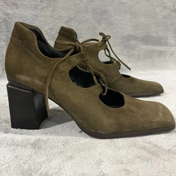 Vintage Y2K Suede Mary Janes Lace Up Nine West Spain Square Toe Moss Green Sz 7