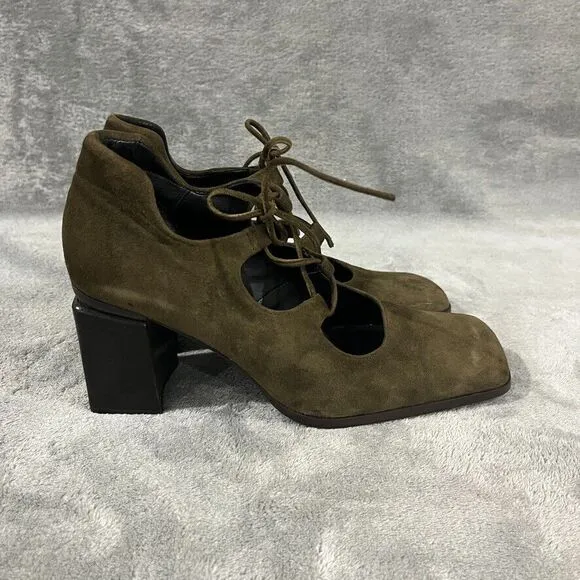 Vintage Y2K Suede Mary Janes Lace Up Nine West Spain Square Toe Moss Green Sz 7