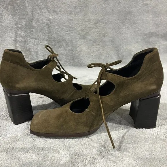 Vintage Y2K Suede Mary Janes Lace Up Nine West Spain Square Toe Moss Green Sz 7