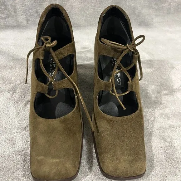 Vintage Y2K Suede Mary Janes Lace Up Nine West Spain Square Toe Moss Green Sz 7