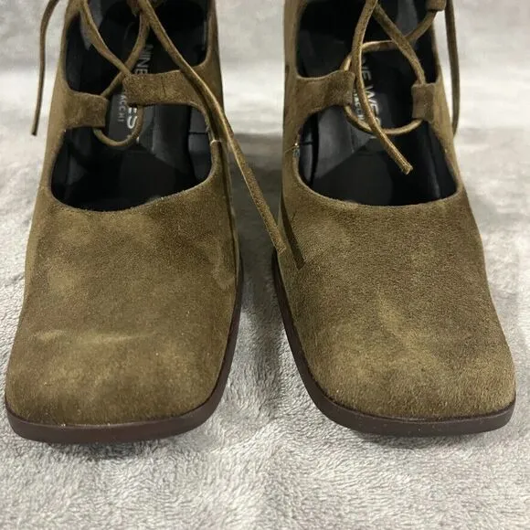 Vintage Y2K Suede Mary Janes Lace Up Nine West Spain Square Toe Moss Green Sz 7