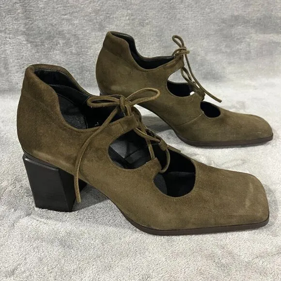Vintage Y2K Suede Mary Janes Lace Up Nine West Spain Square Toe Moss Green Sz 7