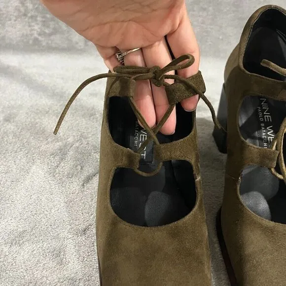 Vintage Y2K Suede Mary Janes Lace Up Nine West Spain Square Toe Moss Green Sz 7