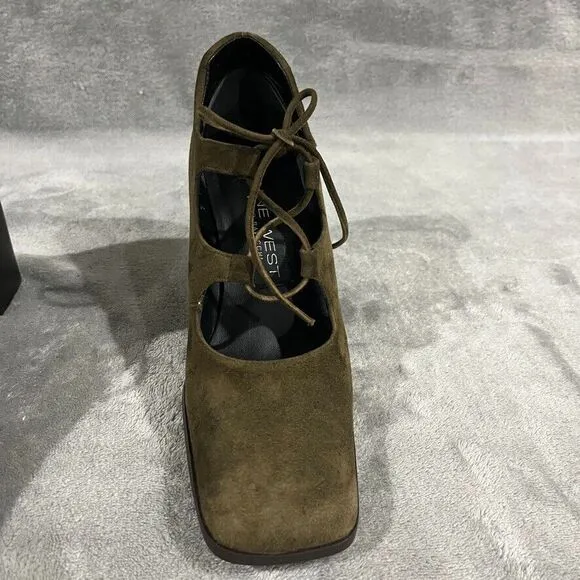 Vintage Y2K Suede Mary Janes Lace Up Nine West Spain Square Toe Moss Green Sz 7