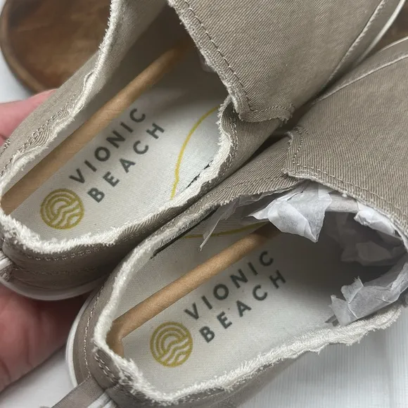 Vionic Beach Shoes Wm 7 Wide Malibu Beige Denim Tan Neutral Slip On Sneakers