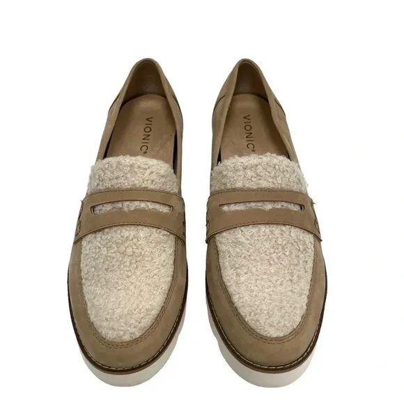 Vionic Cheryl Tan Sherpa Suede Nubbuck Loafer shoe Neutral Beige Tan Size 10 NEW