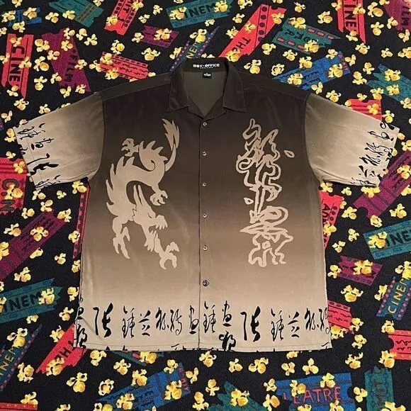 VTG JAPANESE DRAGON Box Office Island All Over Print Button Down Shirt / Size XL