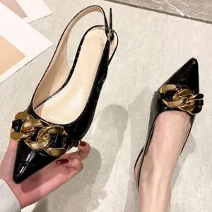 Women Chain Decor Crocodile Embossed Sandals, Fashionable Point Toe Slingback Fl