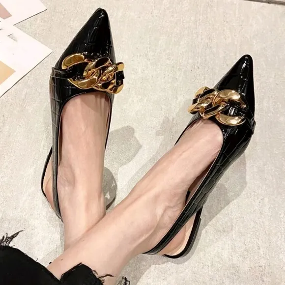 Women Chain Decor Crocodile Embossed Sandals, Fashionable Point Toe Slingback Fl