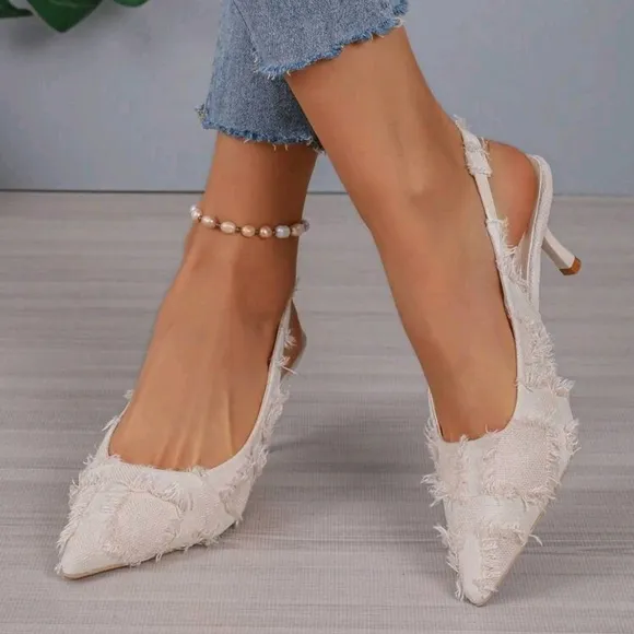 Women Kitten Heel Solid Color Pointed Toe Elastic Slingback Pumps