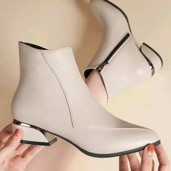 Women's Pointed Toe Metallic Shiny Block Heel Beige Side Zipper Short Shaft  Boo