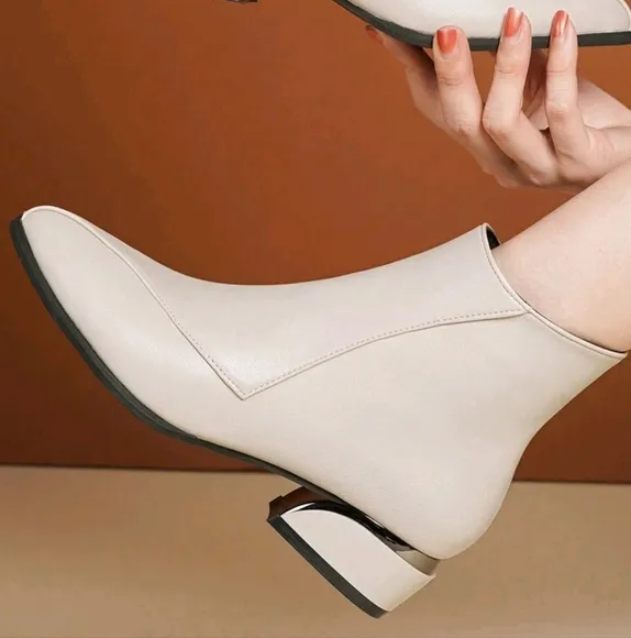 Women's Pointed Toe Metallic Shiny Block Heel Beige Side Zipper Short Shaft  Boo