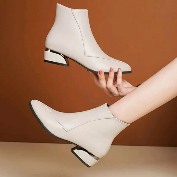 Women's Pointed Toe Metallic Shiny Block Heel Beige Side Zipper Short Shaft  Boo