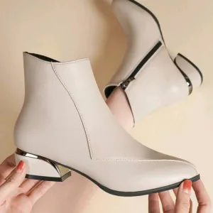 Women's Pointed Toe Metallic Shiny Block Heel Beige Side Zipper Short Shaft  Boo