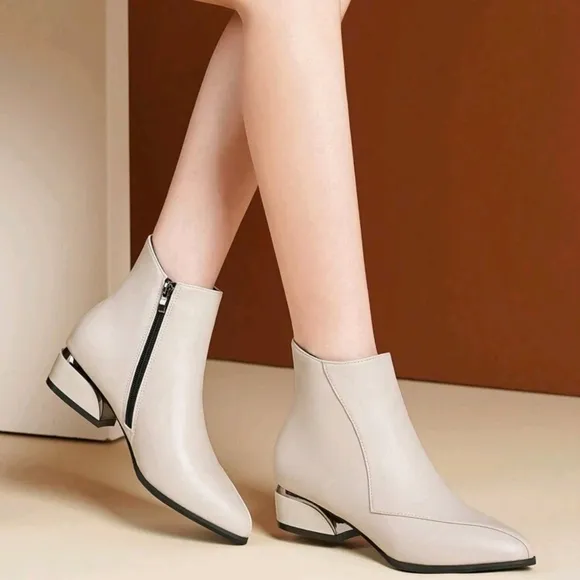 Women's Pointed Toe Metallic Shiny Block Heel Beige Side Zipper Short Shaft  Boo