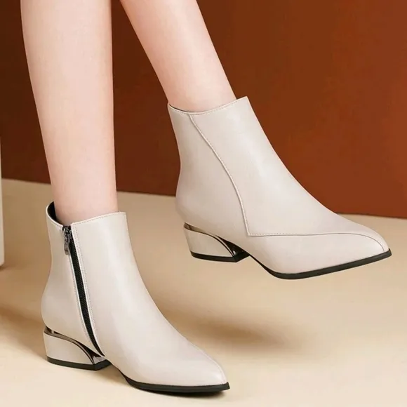 Women's Pointed Toe Metallic Shiny Block Heel Beige Side Zipper Short Shaft  Boo