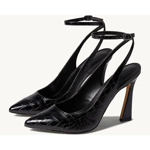 Women's Slingback Pumps Shoes Pointy Closed Toe High Heels Flared Heel Dress Sh