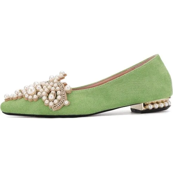 Yjjqmyycpa Flat Shoes Women Green Flannel Comfort Slip Low Heel Ballet Flat Shoe