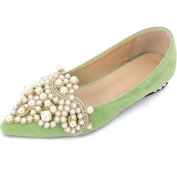 Yjjqmyycpa Flat Shoes Women Green Flannel Comfort Slip Low Heel Ballet Flat Shoe