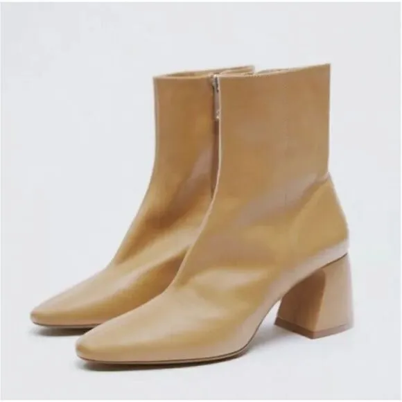 Zara Camel Leather Chunk Heel Ankle Booties | Size 10