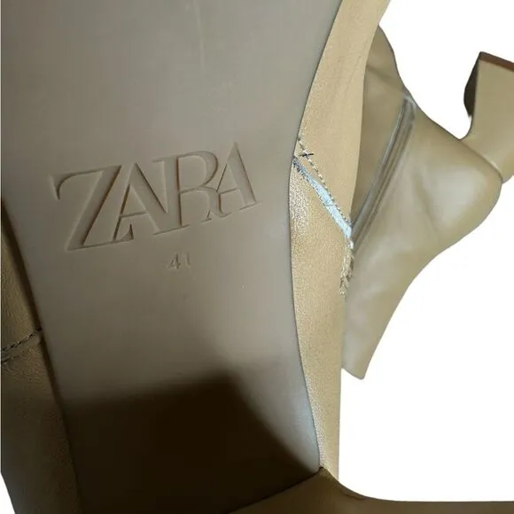 Zara Camel Leather Chunk Heel Ankle Booties | Size 10