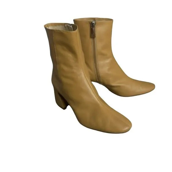 Zara Camel Leather Chunk Heel Ankle Booties | Size 10