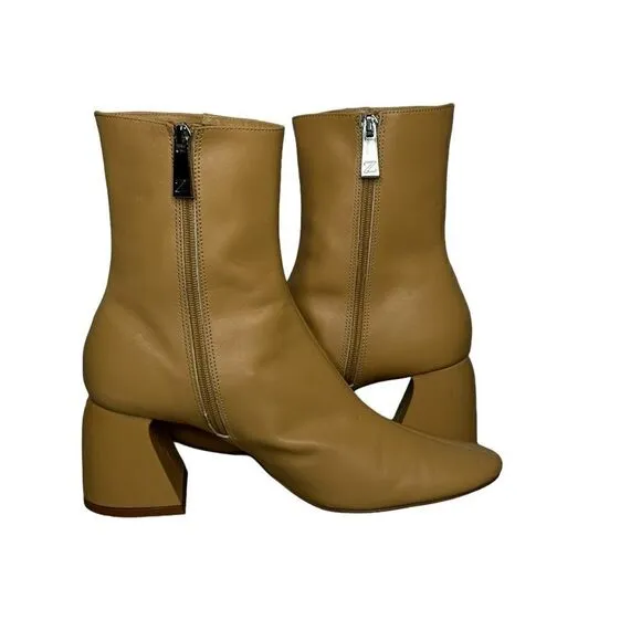 Zara Camel Leather Chunk Heel Ankle Booties | Size 10