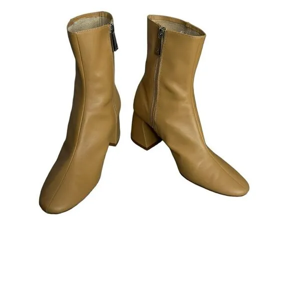 Zara Camel Leather Chunk Heel Ankle Booties | Size 10