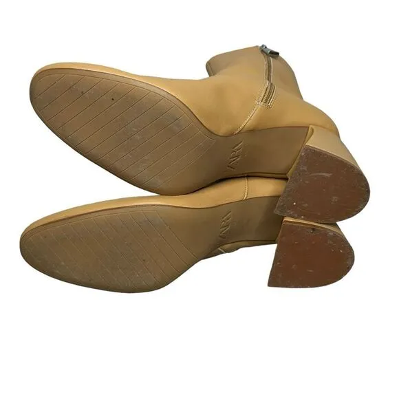 Zara Camel Leather Chunk Heel Ankle Booties | Size 10