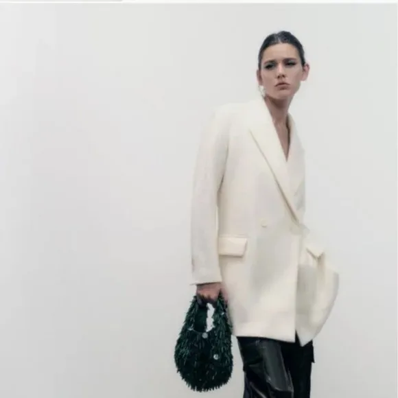 Zara Double Breasted Wool Blend Oversized Coat Ecru