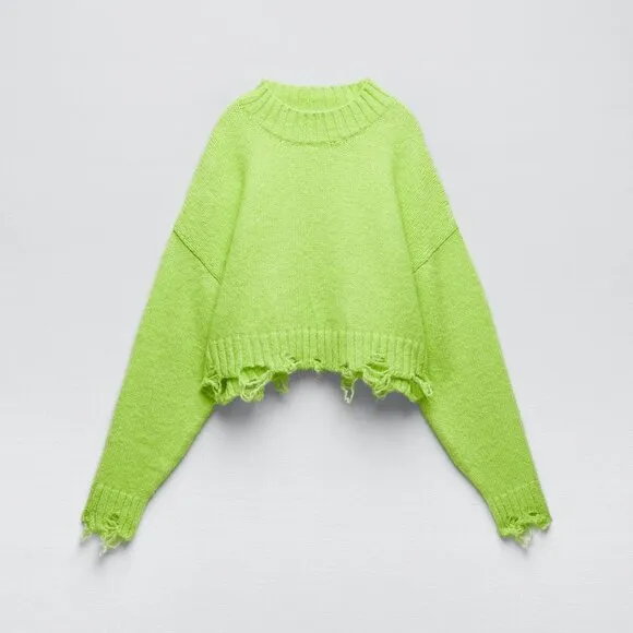 Zara Neon Green Ripped Cropped Knit Sweater