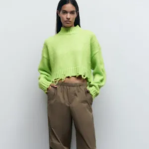 Zara Neon Green Ripped Cropped Knit Sweater