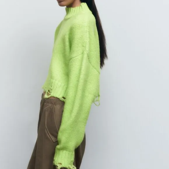 Zara Neon Green Ripped Cropped Knit Sweater