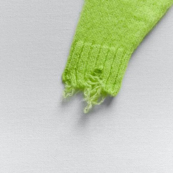 Zara Neon Green Ripped Cropped Knit Sweater