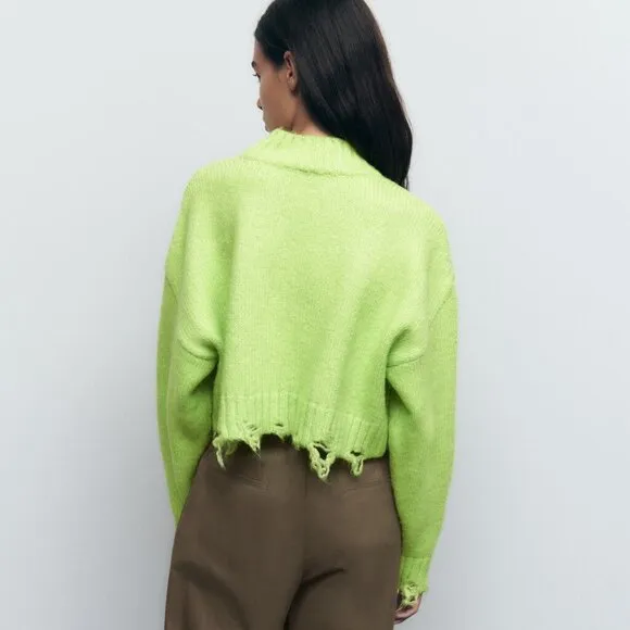 Zara Neon Green Ripped Cropped Knit Sweater