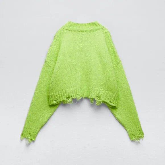 Zara Neon Green Ripped Cropped Knit Sweater
