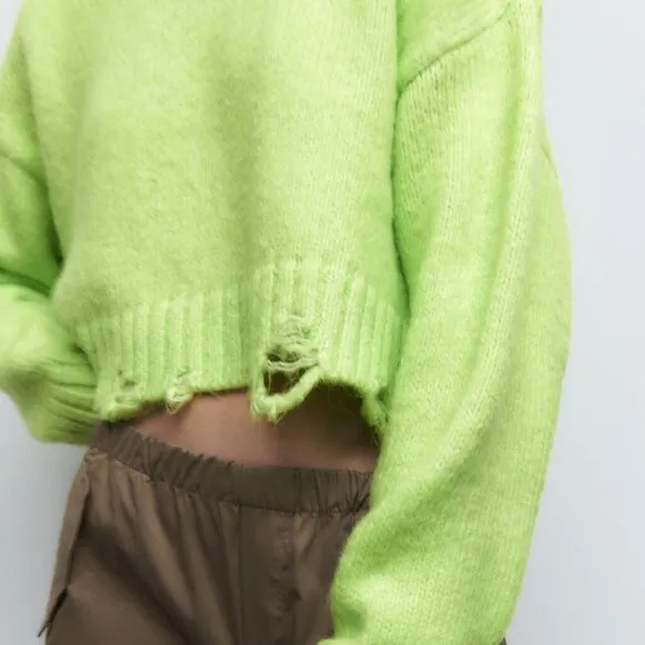 Zara Neon Green Ripped Cropped Knit Sweater