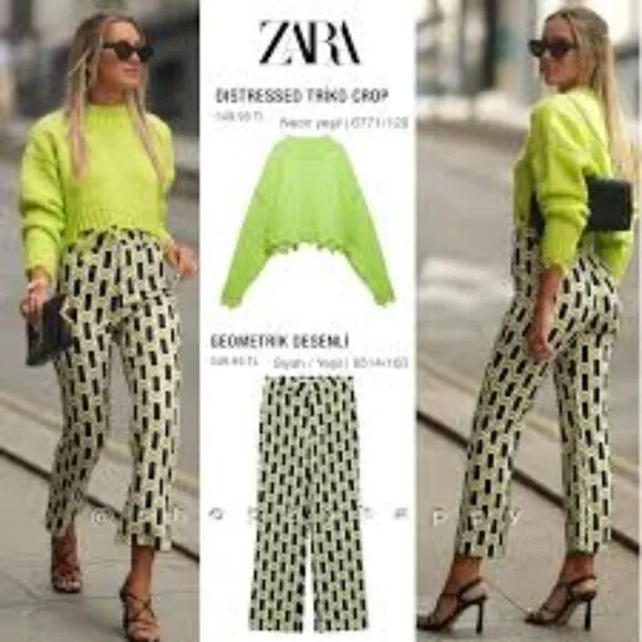 Zara Neon Green Ripped Cropped Knit Sweater