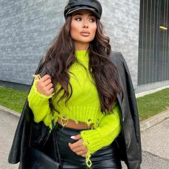 Zara Neon Green Ripped Cropped Knit Sweater