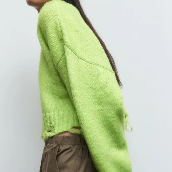 Zara Neon Green Ripped Cropped Knit Sweater